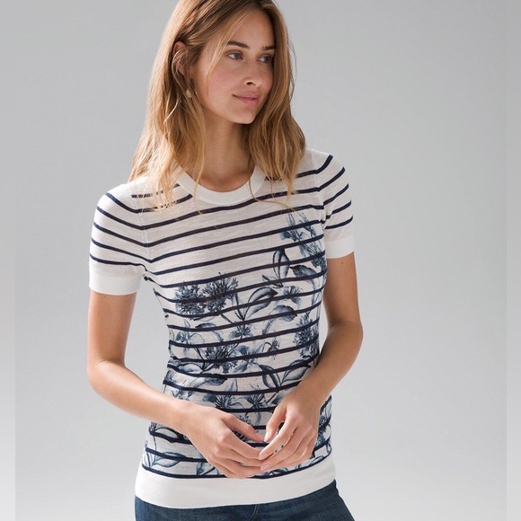 (EUC) White House Black Market Floral Striped Crew Neck Sweater Tee - Picture 1 of 5